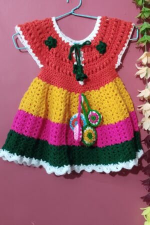 Handcrafted Multi-Color Crochet A-Line Dress, Sleeveless Cotton Blend with Floral Appliques, Scalloped Trim, Lacy Pattern